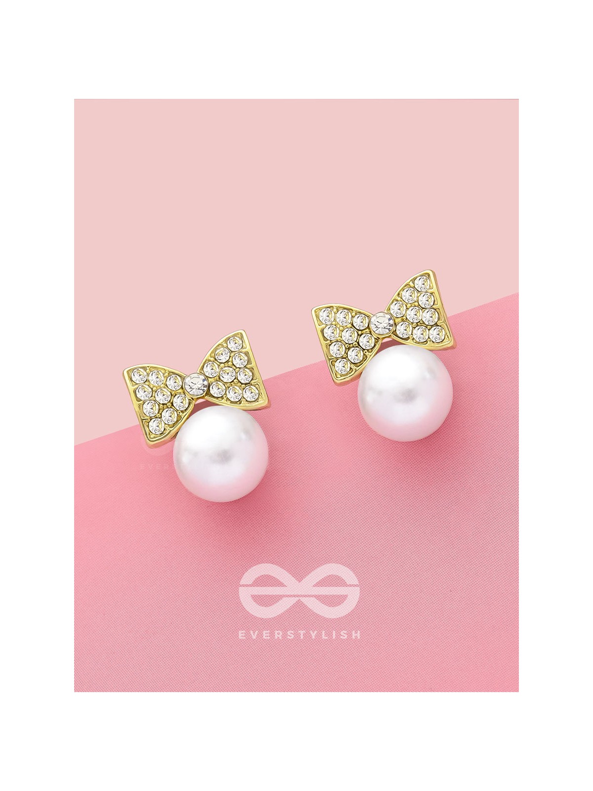 Bow-Toons- Golden Rhinestones and Pearl Earrings