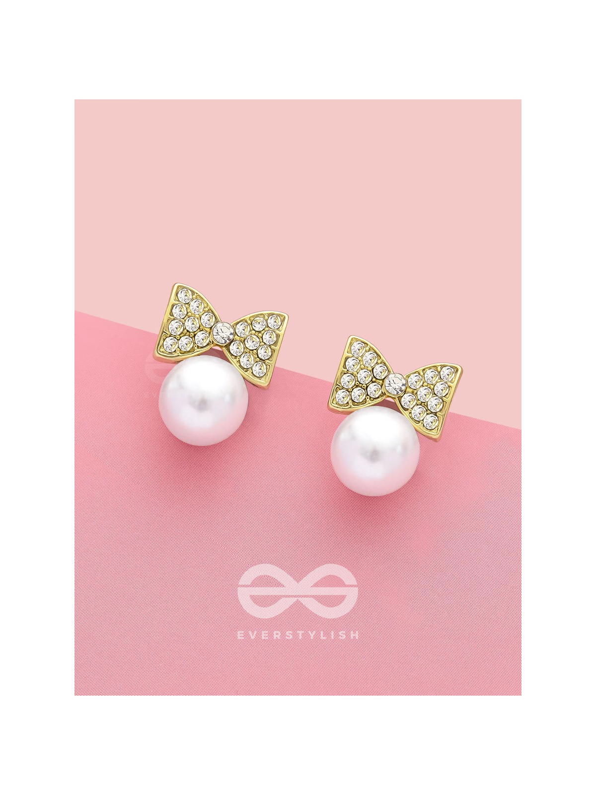 Bow-Toons- Golden Rhinestones and Pearl Earrings