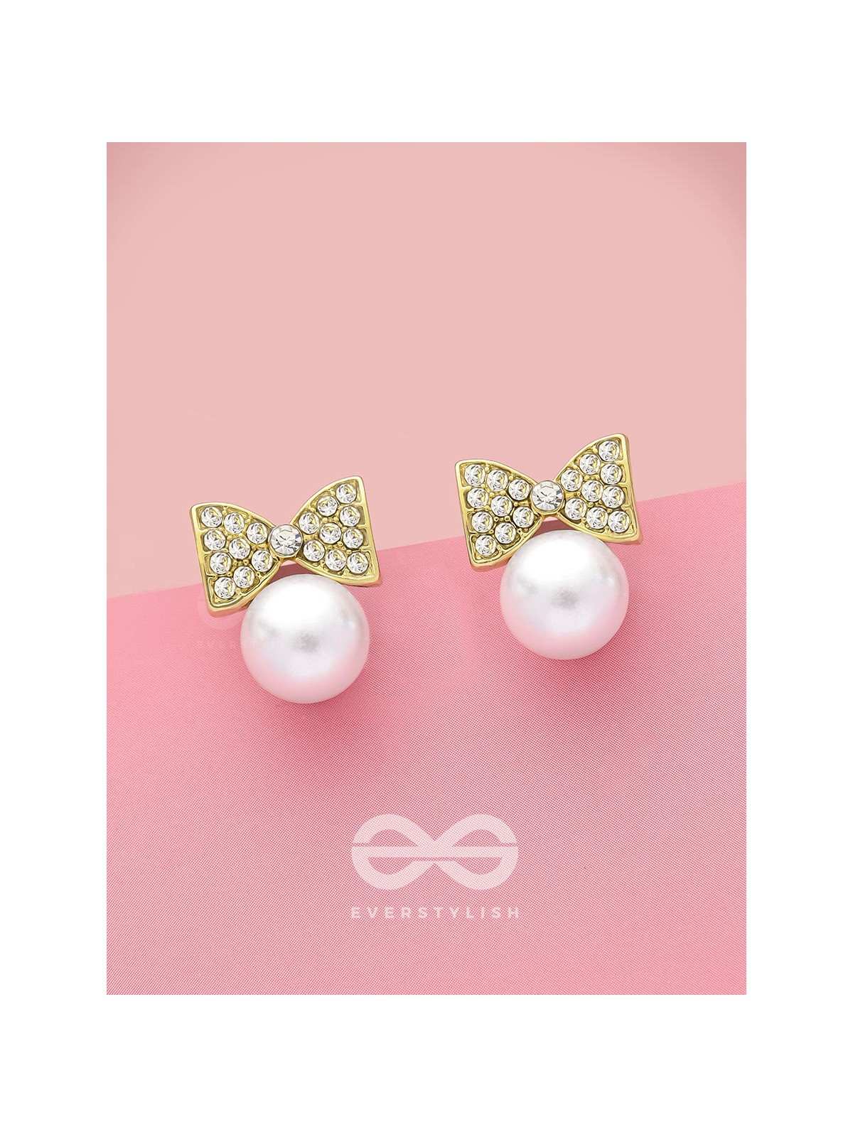 Bow-Toons- Golden Rhinestones and Pearl Earrings
