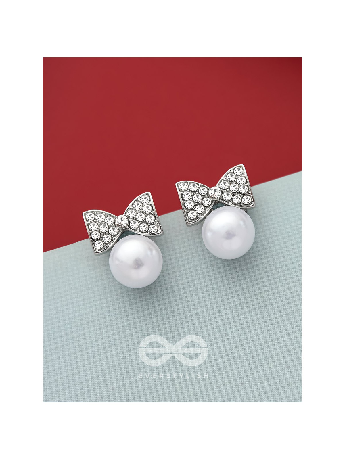 Bow-Toons- Silver Rhinestones and Pearl Earrings
