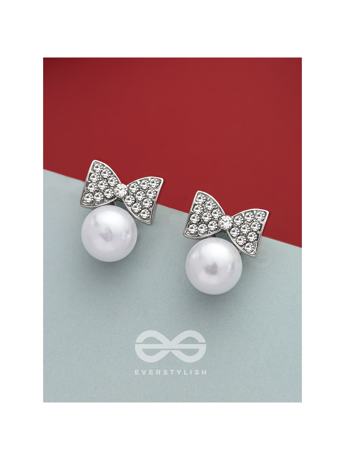 Bow-Toons- Silver Rhinestones and Pearl Earrings