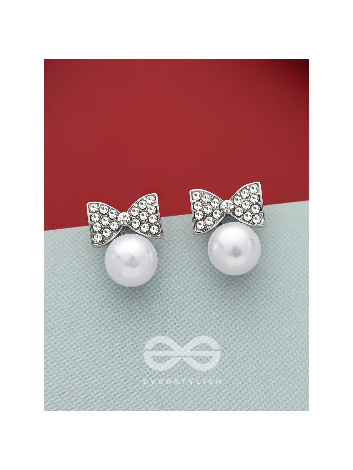 Bow-Toons- Silver Rhinestones and Pearl Earrings