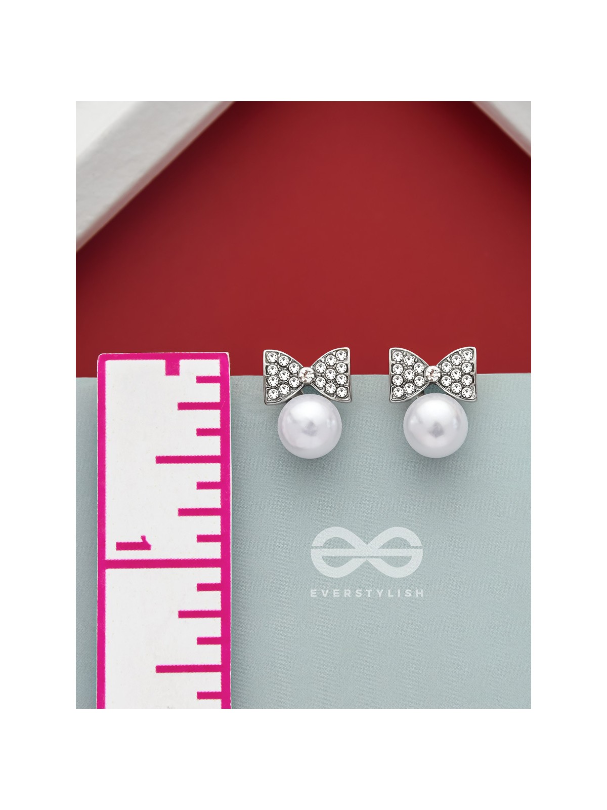 Bow-Toons- Silver Rhinestones and Pearl Earrings