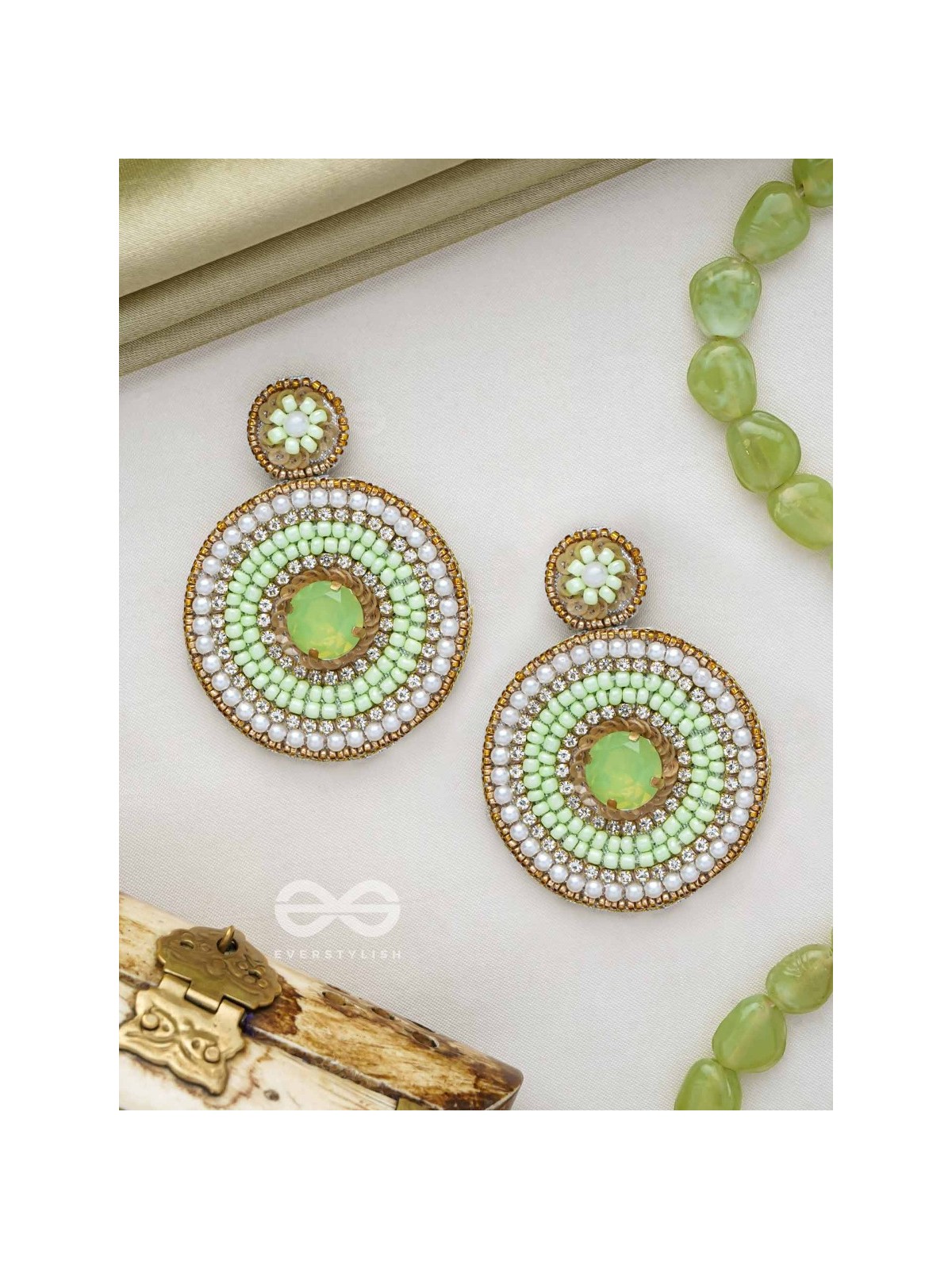 Adamya - The Indomitable Spirit - Stone, Sequins, And Beads Hand Embroidered Earrings (Lime Green)