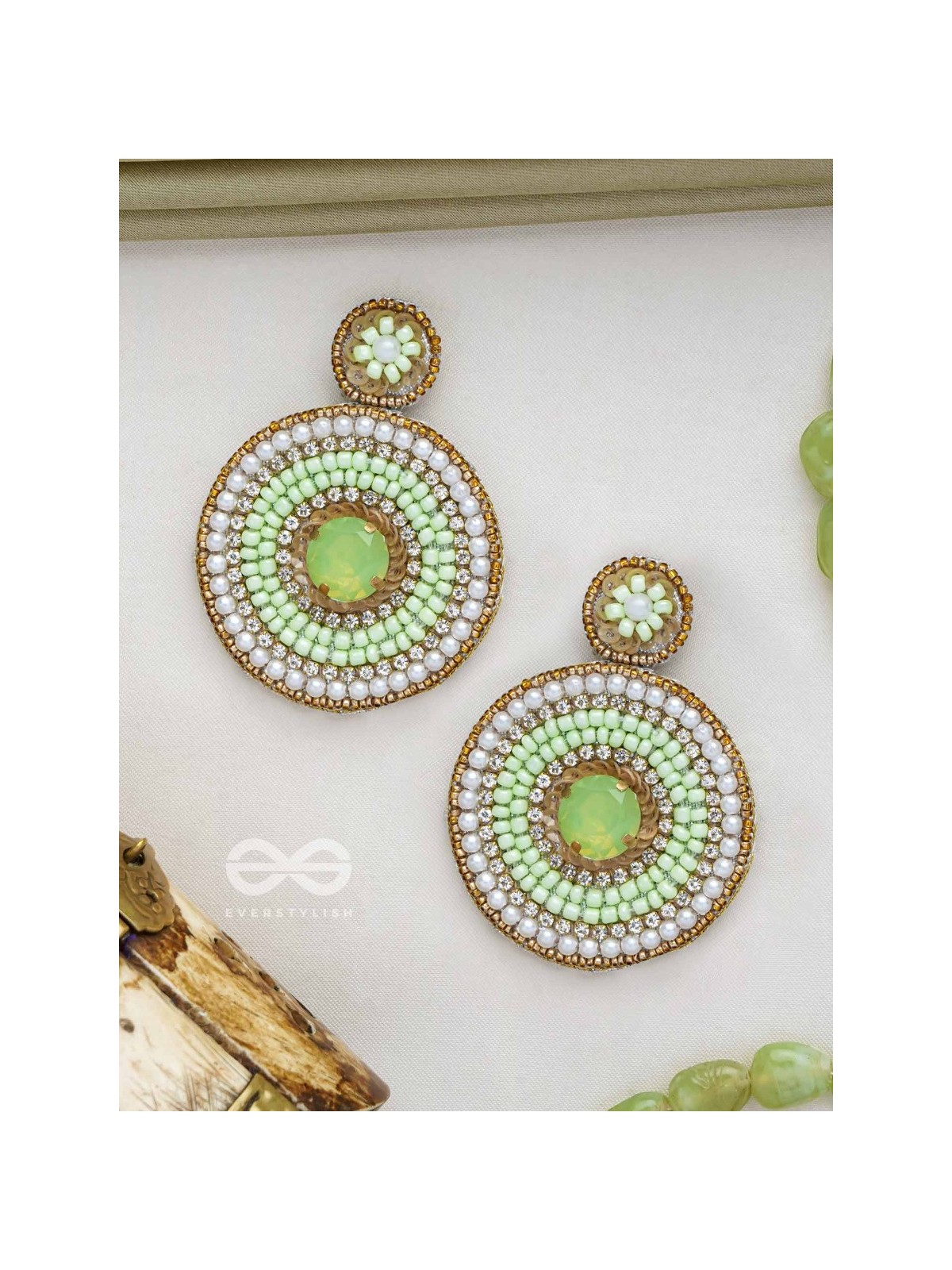 Adamya - The Indomitable Spirit - Stone, Sequins, And Beads Hand Embroidered Earrings (Lime Green)