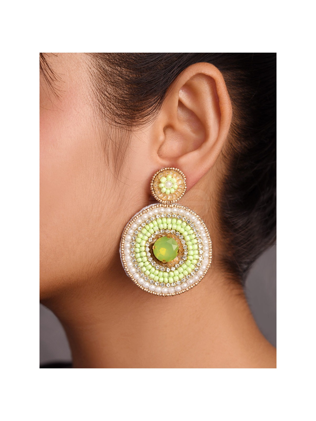 Adamya - The Indomitable Spirit - Stone, Sequins, And Beads Hand Embroidered Earrings (Lime Green)