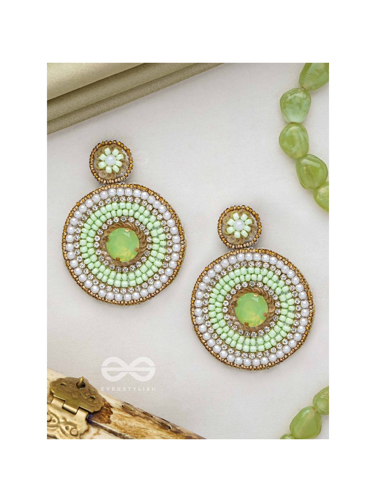 Adamya - The Indomitable Spirit - Stone, Sequins, And Beads Hand Embroidered Earrings (Lime Green)