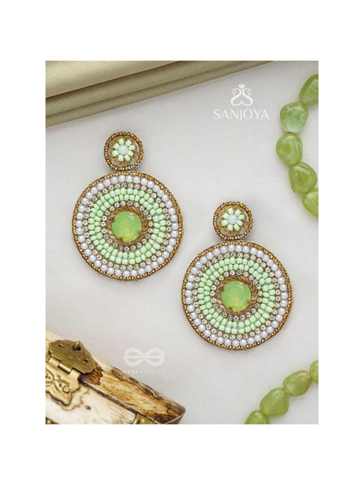 Adamya - The Indomitable Spirit - Stone, Sequins, And Beads Hand Embroidered Earrings (Lime Green)