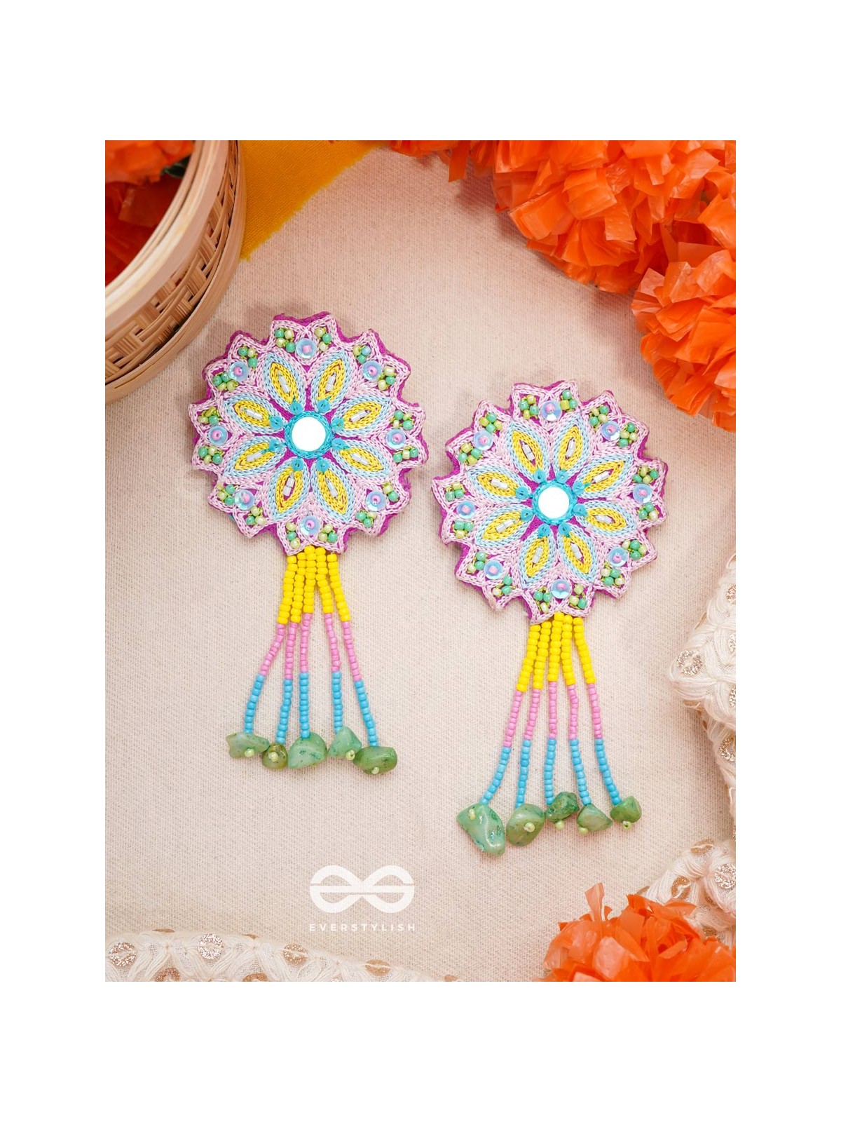 Vyoman- The Skies- Mirror , Resham , Beads and Sequins Embroidered Earrings (Multicoloured)