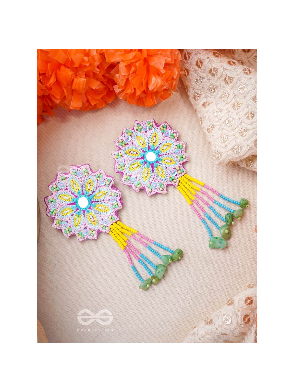 Vyoman- The Skies- Mirror , Resham , Beads and Sequins Embroidered Earrings (Multicoloured)