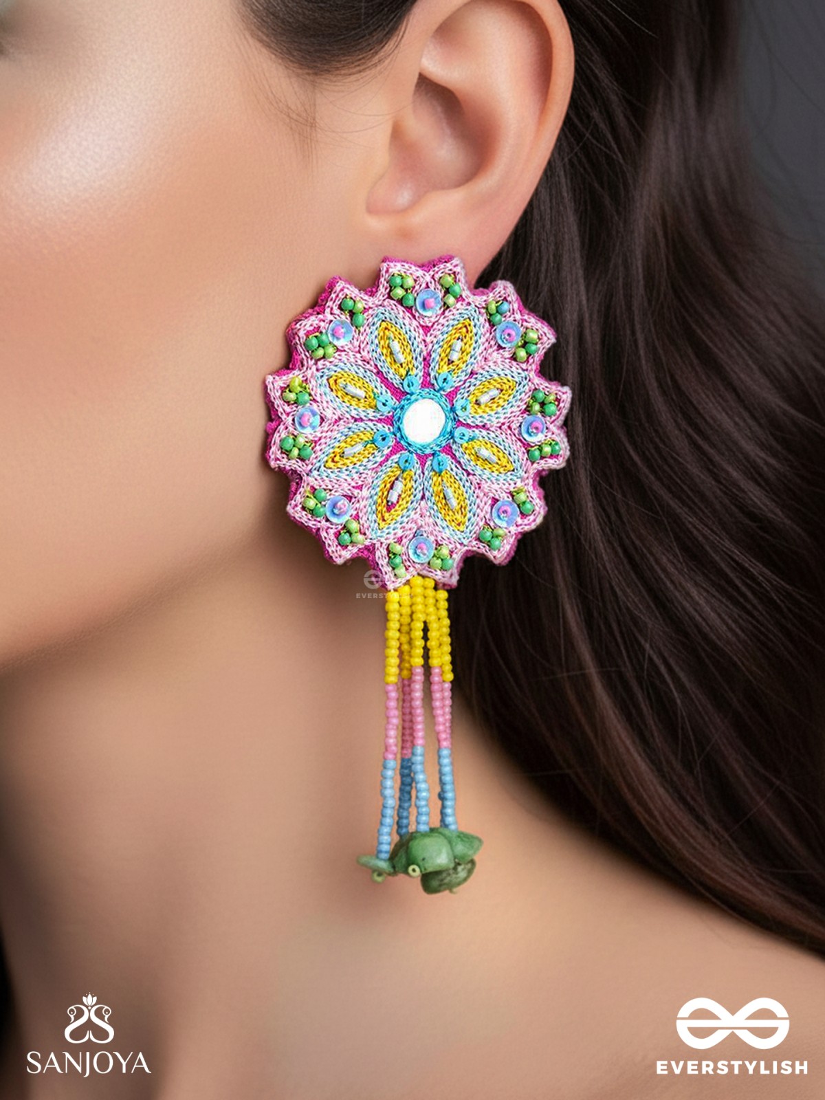 Vyoman- The Skies- Mirror , Resham , Beads and Sequins Embroidered Earrings (Multicoloured)