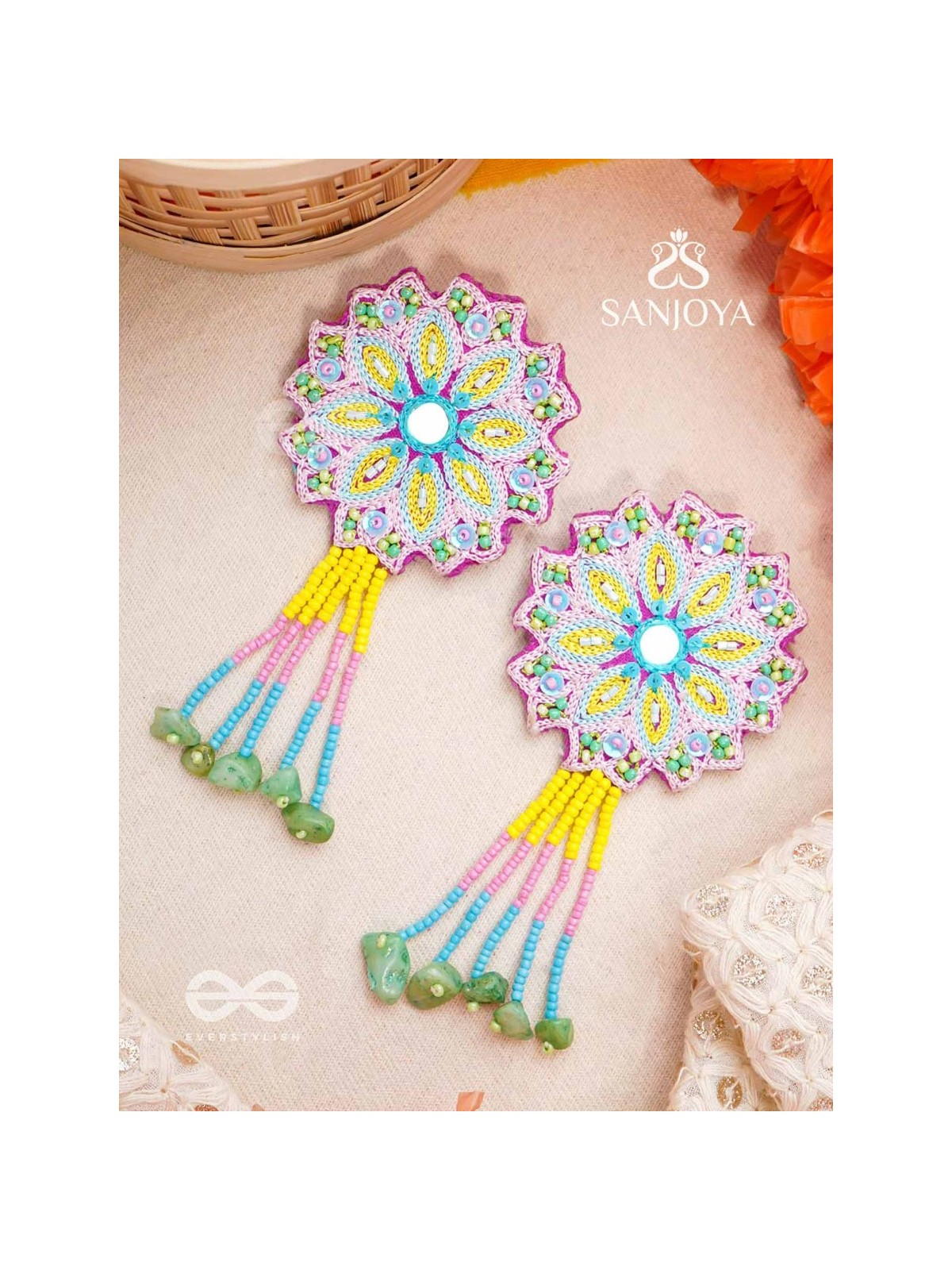 Vyoman- The Skies- Mirror , Resham , Beads and Sequins Embroidered Earrings (Multicoloured)