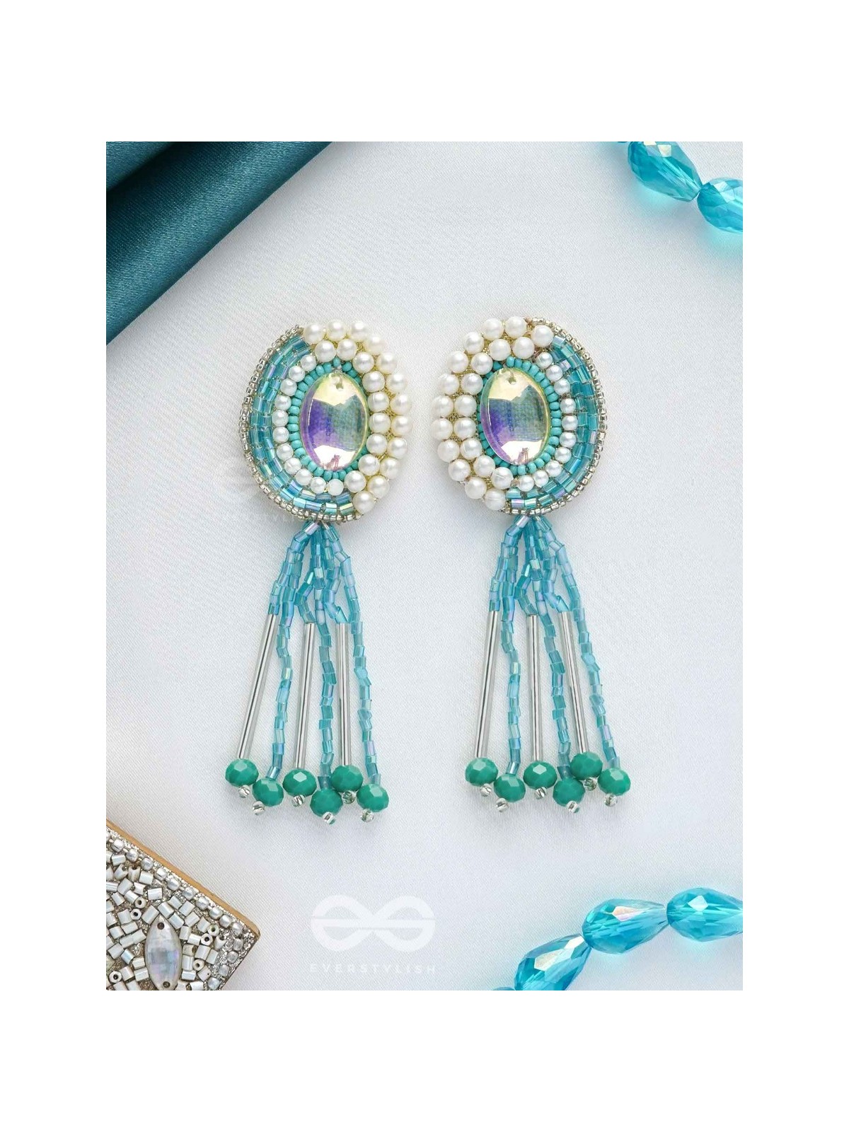Mandalaka- The Majestic Mirror- Stone, Pearls and Beads Embroidered Earrings (Arctic Blue)