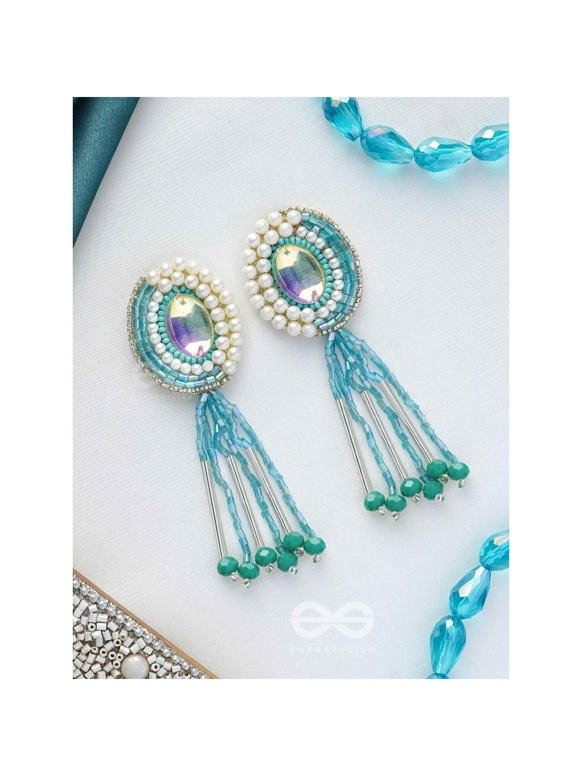 Mandalaka- The Majestic Mirror- Stone, Pearls and Beads Embroidered Earrings (Arctic Blue)