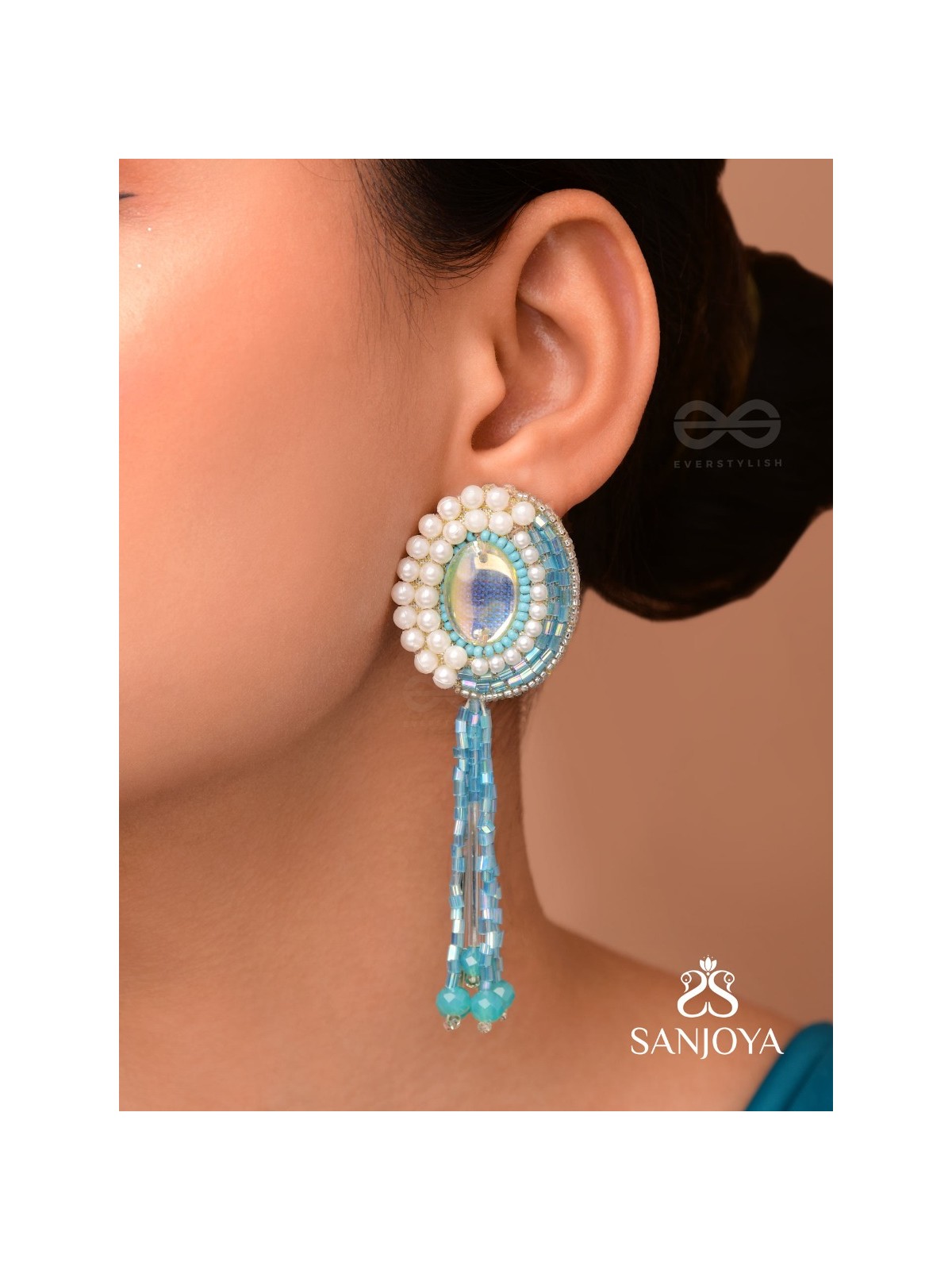 Mandalaka- The Majestic Mirror- Stone, Pearls and Beads Embroidered Earrings (Arctic Blue)