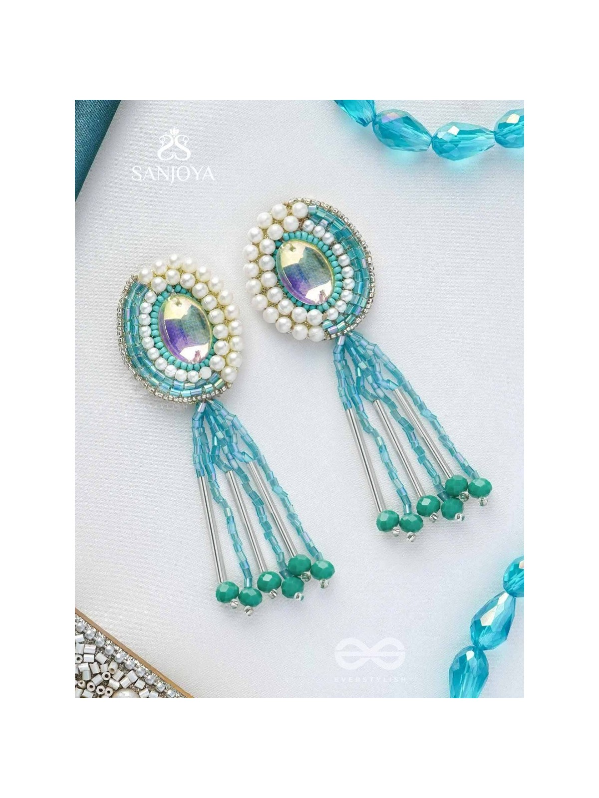 Mandalaka- The Majestic Mirror- Stone, Pearls and Beads Embroidered Earrings (Arctic Blue)