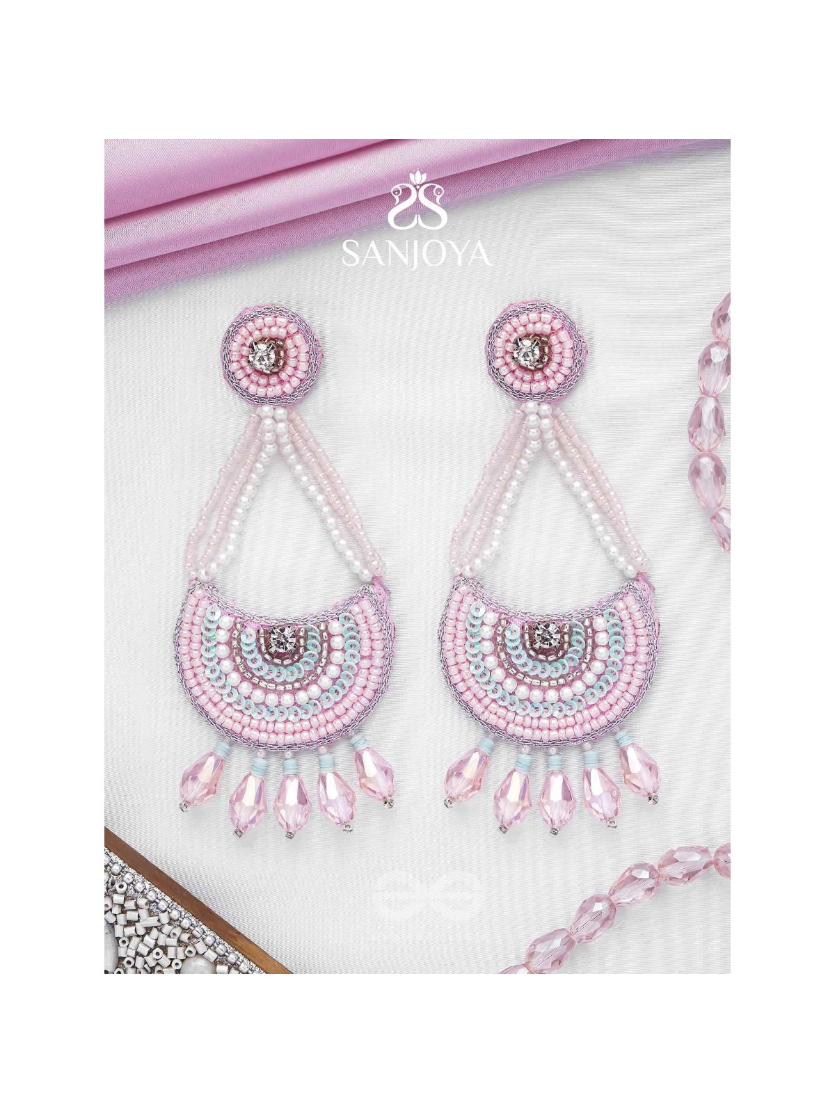 Utksiptika - The Glorious Crescent - Beads, Sequins And Glass Drops Hand Embroidered Earrings (Blush Pink & Mint Green)
