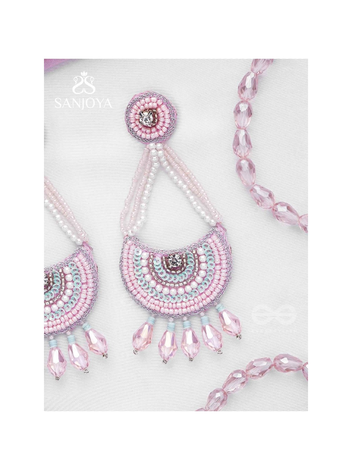 Utksiptika - The Glorious Crescent - Beads, Sequins And Glass Drops Hand Embroidered Earrings (Blush Pink & Mint Green)