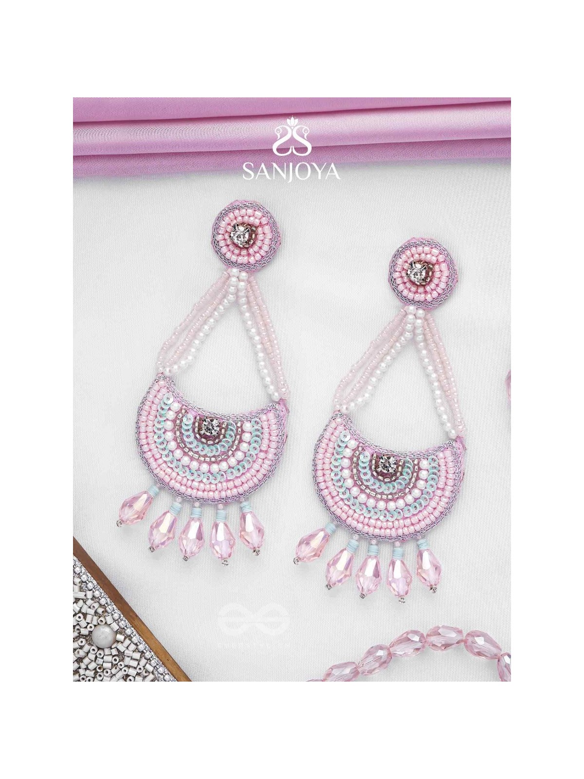 Utksiptika - The Glorious Crescent - Beads, Sequins And Glass Drops Hand Embroidered Earrings (Blush Pink & Mint Green)