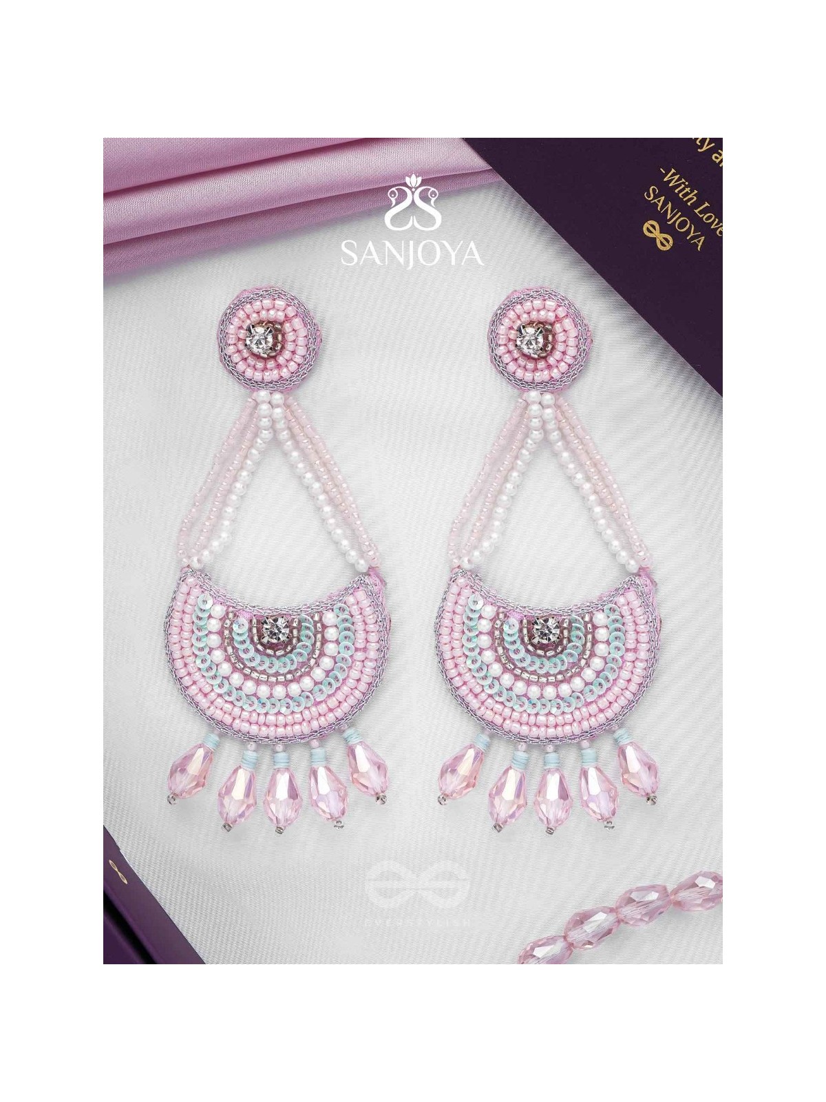 Utksiptika - The Glorious Crescent - Beads, Sequins And Glass Drops Hand Embroidered Earrings (Blush Pink & Mint Green)