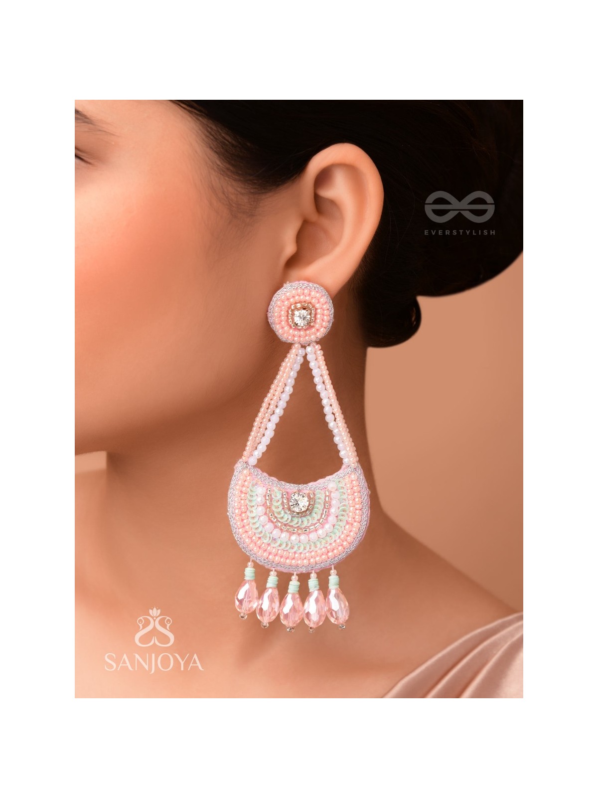 Utksiptika - The Glorious Crescent - Beads, Sequins And Glass Drops Hand Embroidered Earrings (Blush Pink & Mint Green)