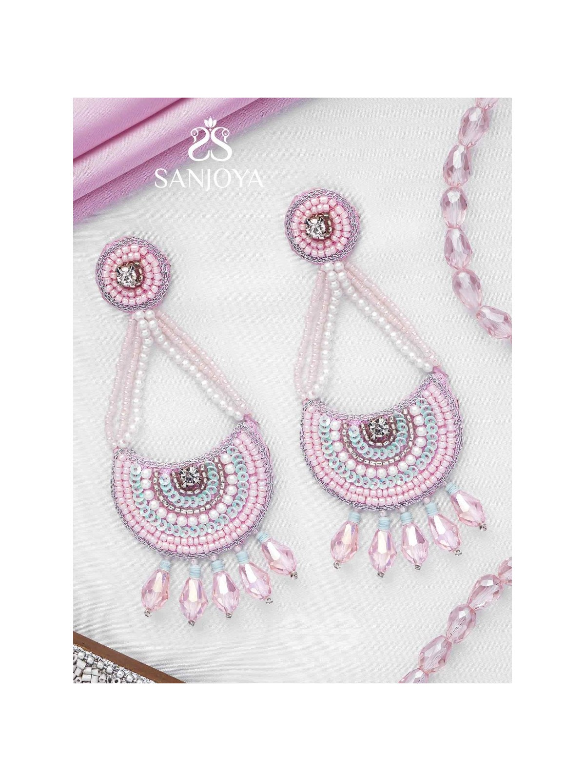 Utksiptika - The Glorious Crescent - Beads, Sequins And Glass Drops Hand Embroidered Earrings (Blush Pink & Mint Green)