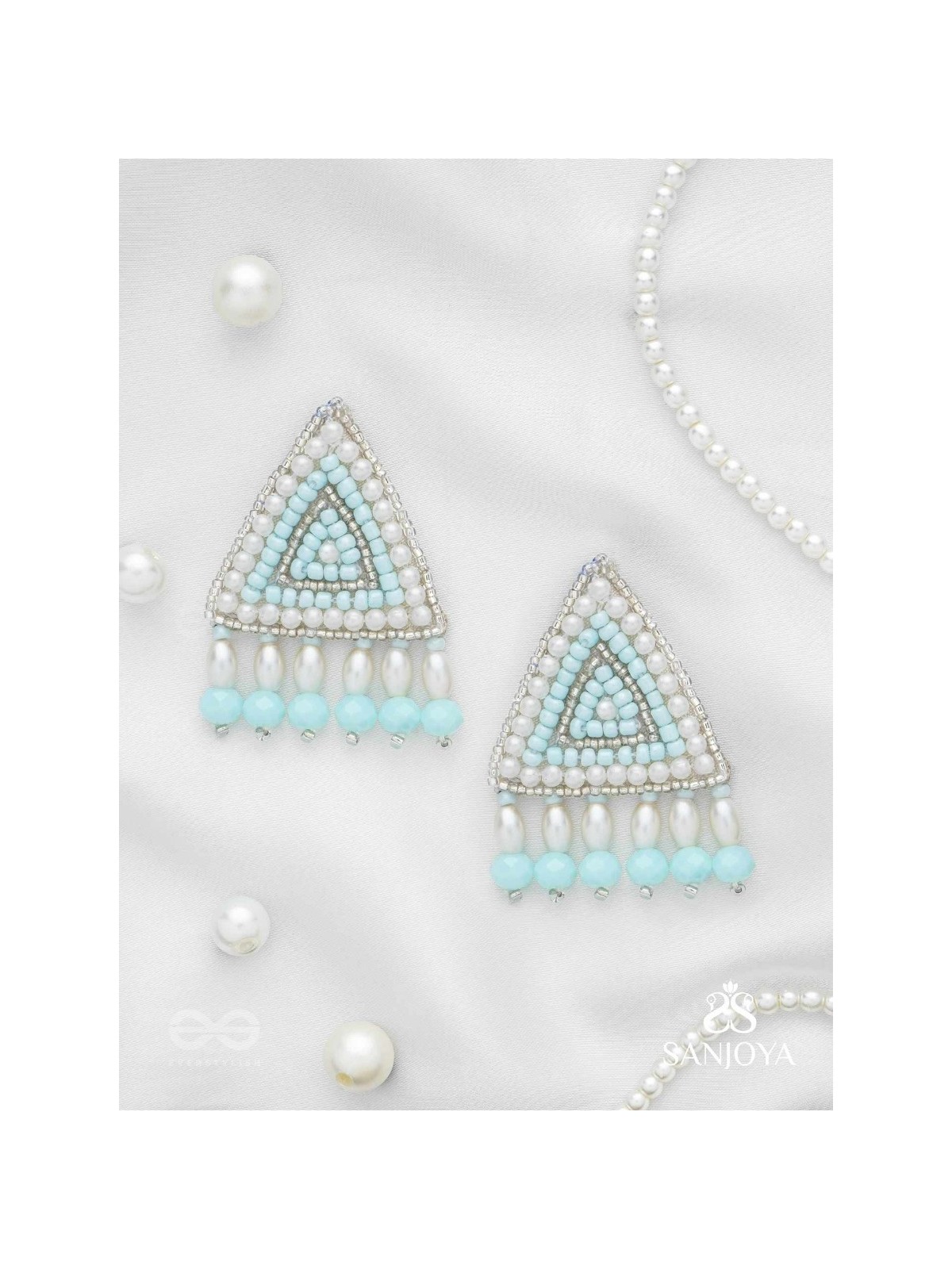 Suchyagra- The Eternal Pyramid-  Pearls, Beads and Glass Beads Embroidered Earrings (Sky Blue)