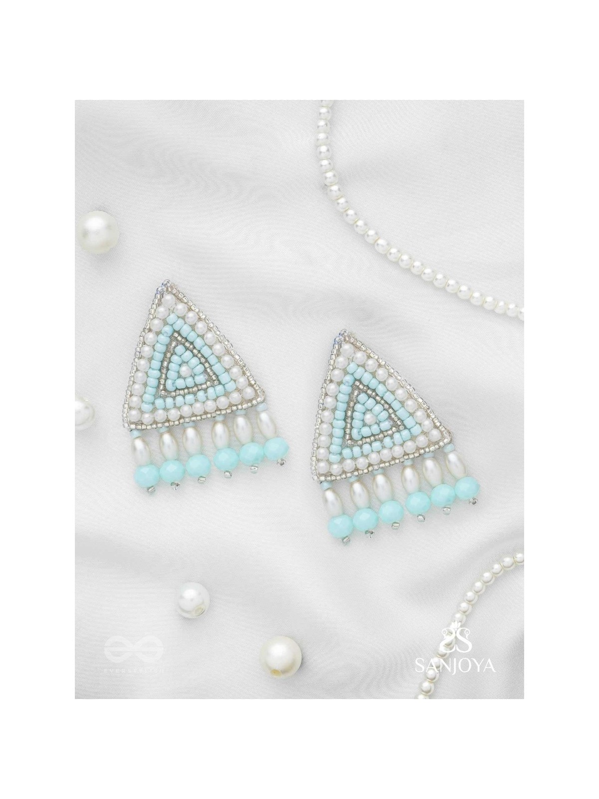 Suchyagra- The Eternal Pyramid-  Pearls, Beads and Glass Beads Embroidered Earrings (Sky Blue)