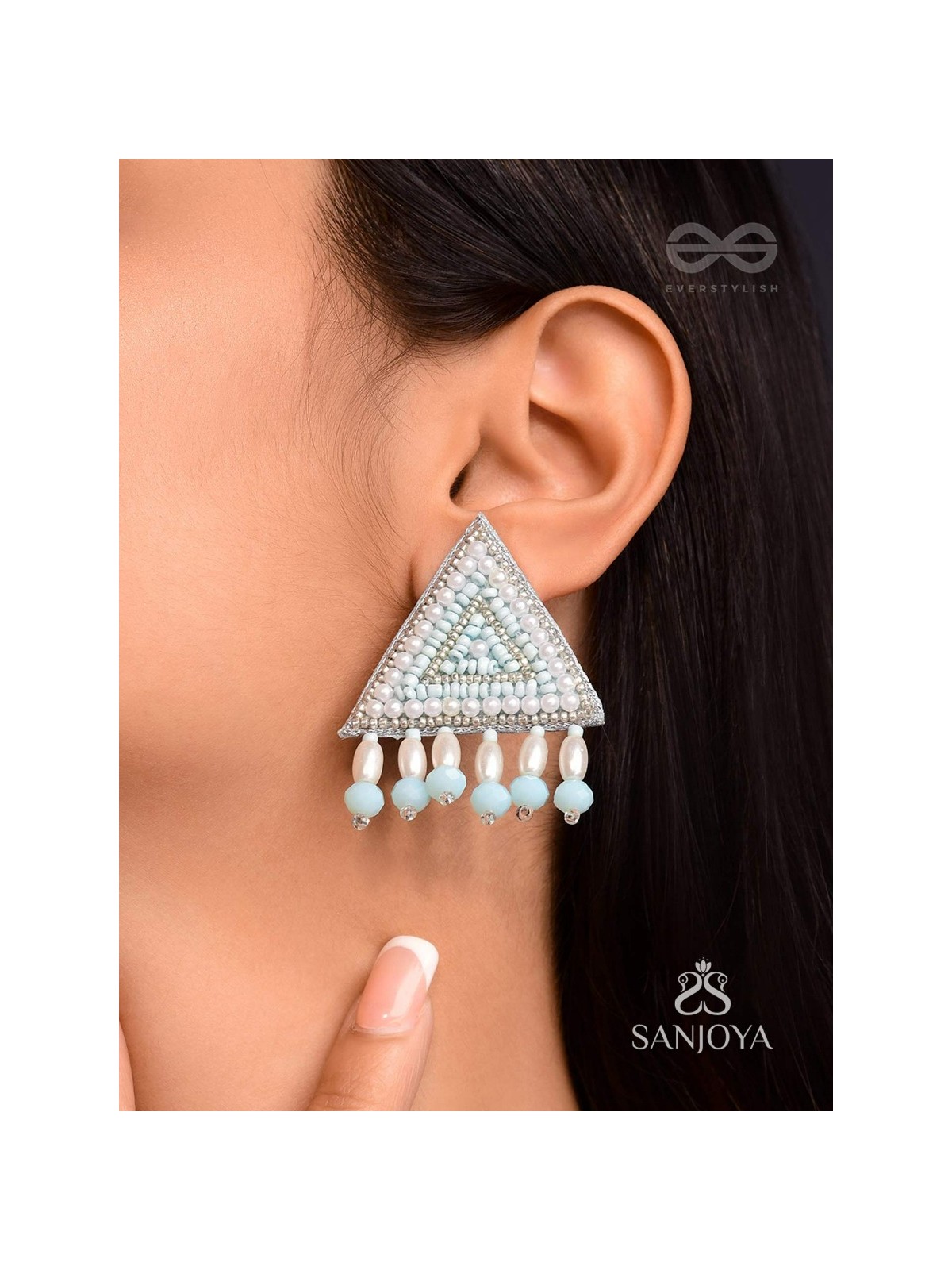 Suchyagra- The Eternal Pyramid-  Pearls, Beads and Glass Beads Embroidered Earrings (Sky Blue)
