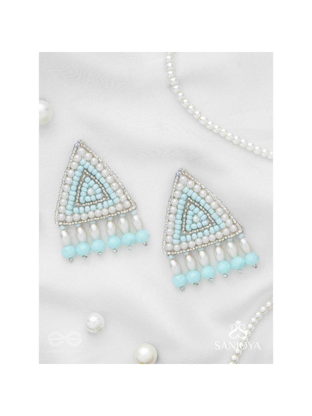 Suchyagra- The Eternal Pyramid-  Pearls, Beads and Glass Beads Embroidered Earrings (Sky Blue)