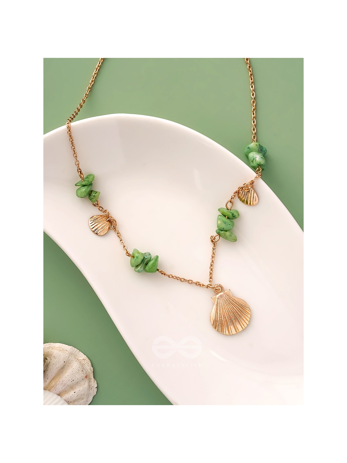 Shells N Pebbles- Golden And Olive Green Stone Necklace With Anti-Tarnish Coating 