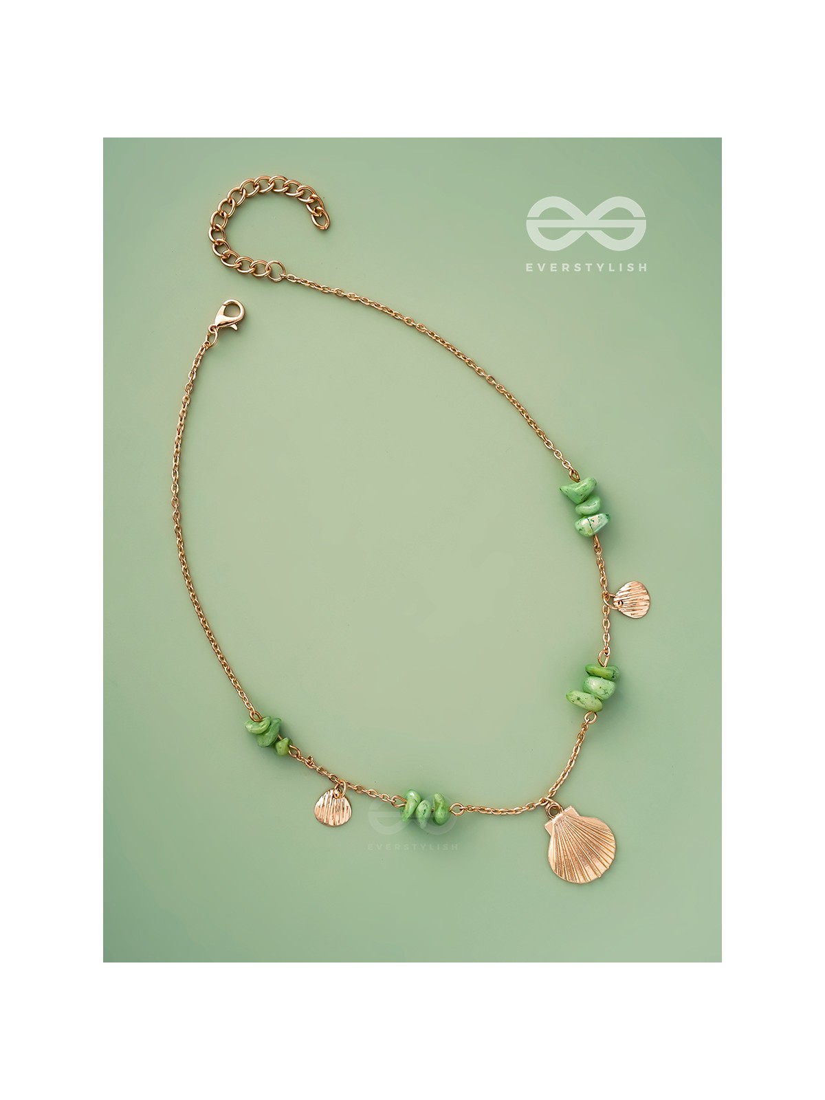 Shells N Pebbles- Golden And Olive Green Stone Necklace With Anti-Tarnish Coating 