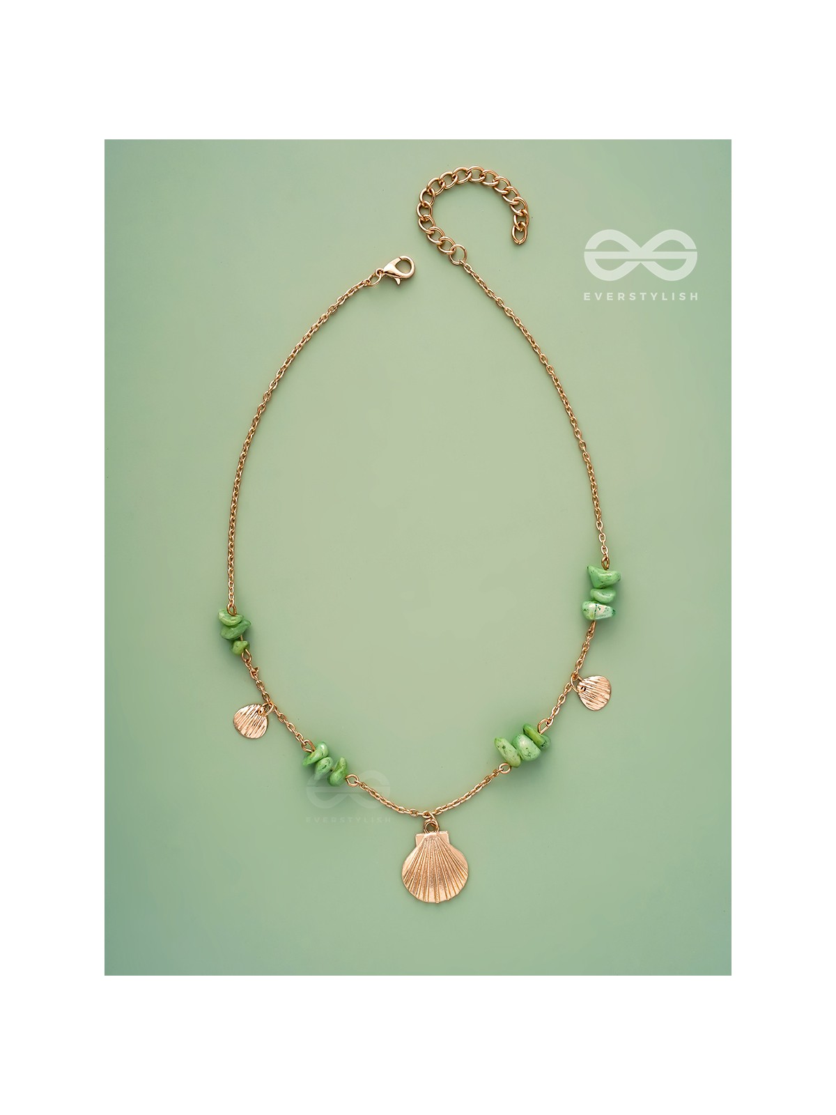 Shells N Pebbles- Golden And Olive Green Stone Necklace With Anti-Tarnish Coating 