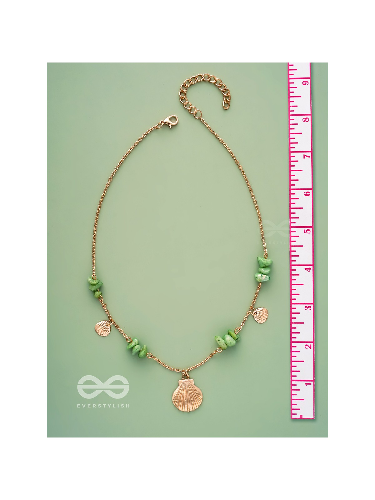 Shells N Pebbles- Golden And Olive Green Stone Necklace With Anti-Tarnish Coating 