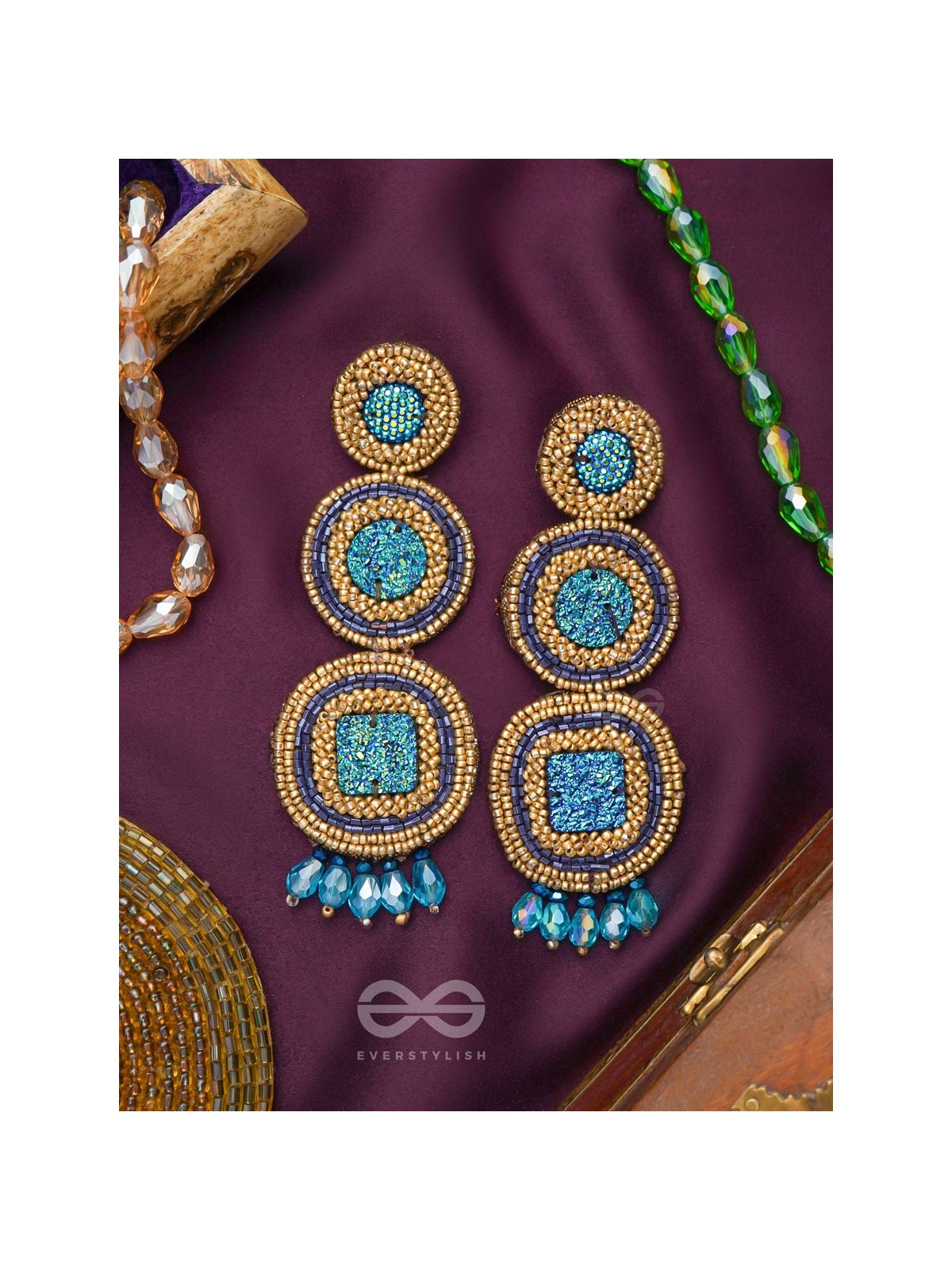 Anushna- The Blue Lotus- Glitter Stones, Glass Drops & Beads Embroidered Earrings