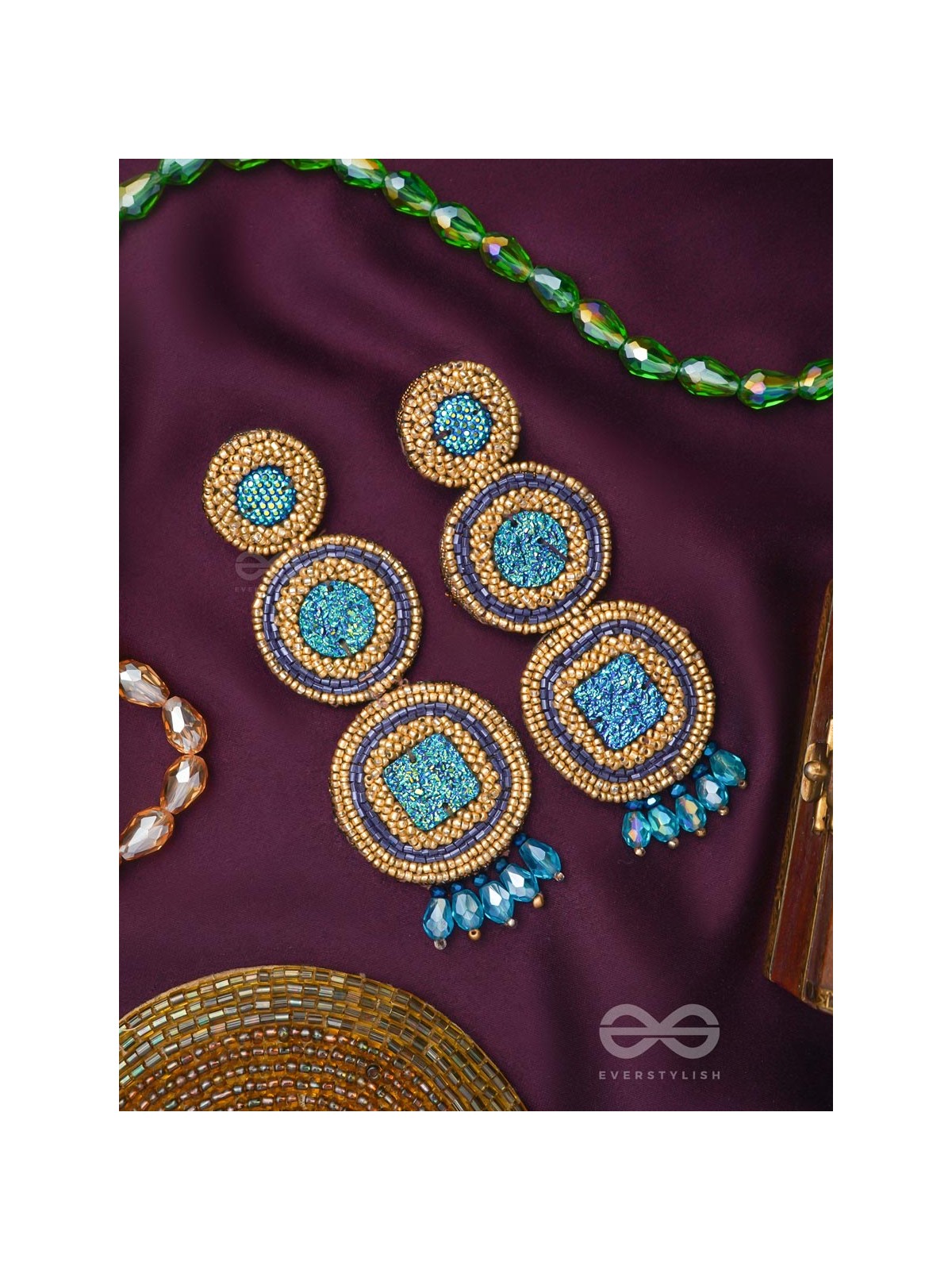 Anushna- The Blue Lotus- Glitter Stones, Glass Drops & Beads Embroidered Earrings
