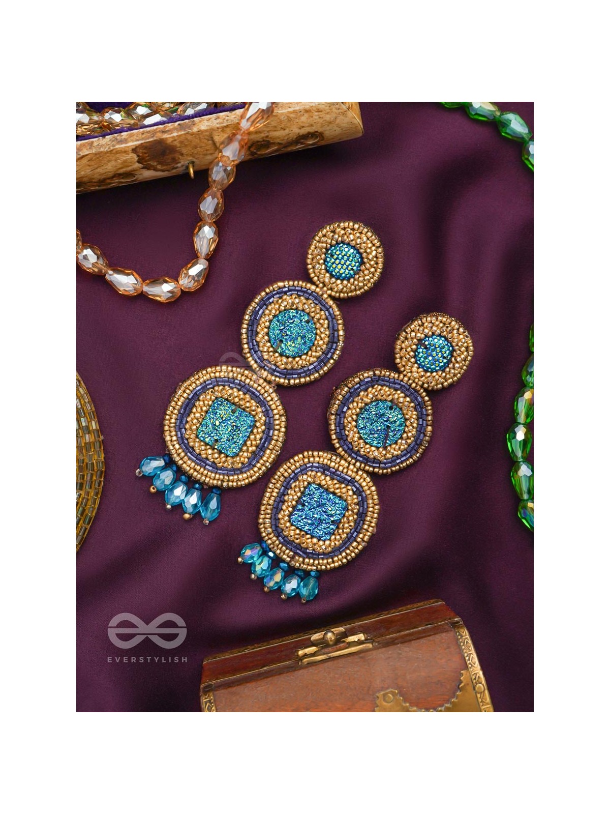 Anushna- The Blue Lotus- Glitter Stones, Glass Drops & Beads Embroidered Earrings