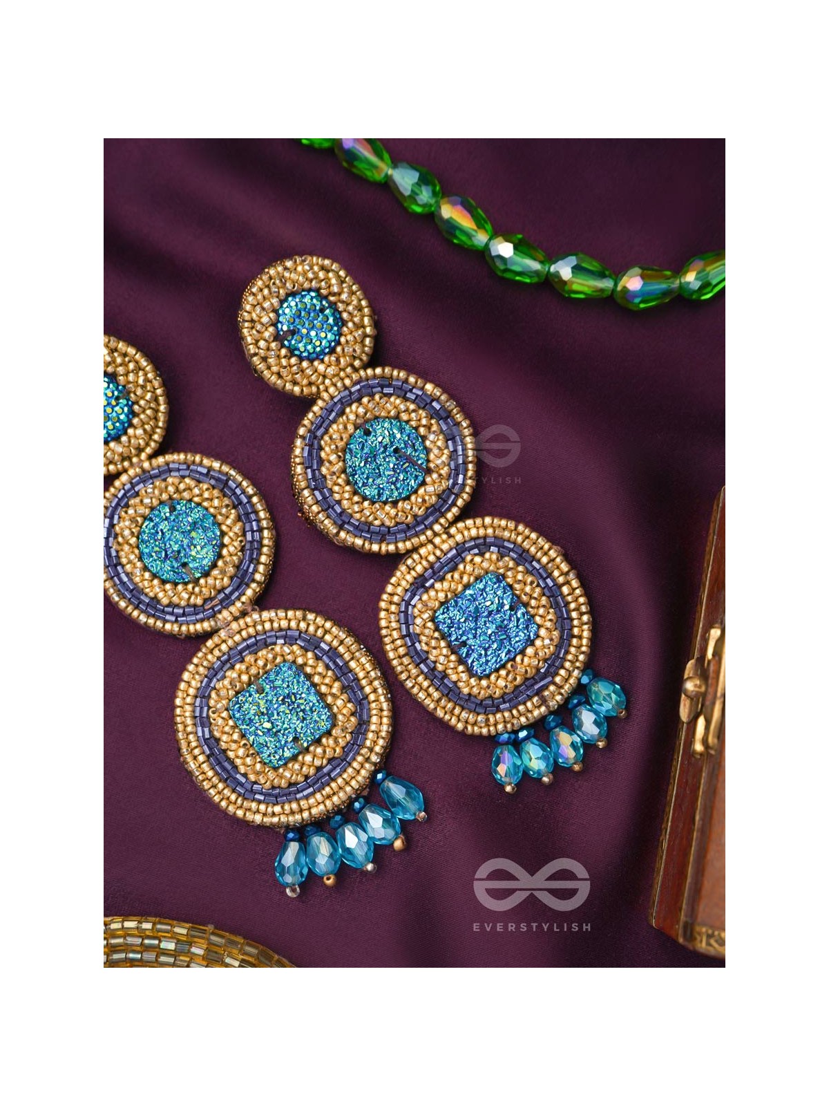 Anushna- The Blue Lotus- Glitter Stones, Glass Drops & Beads Embroidered Earrings