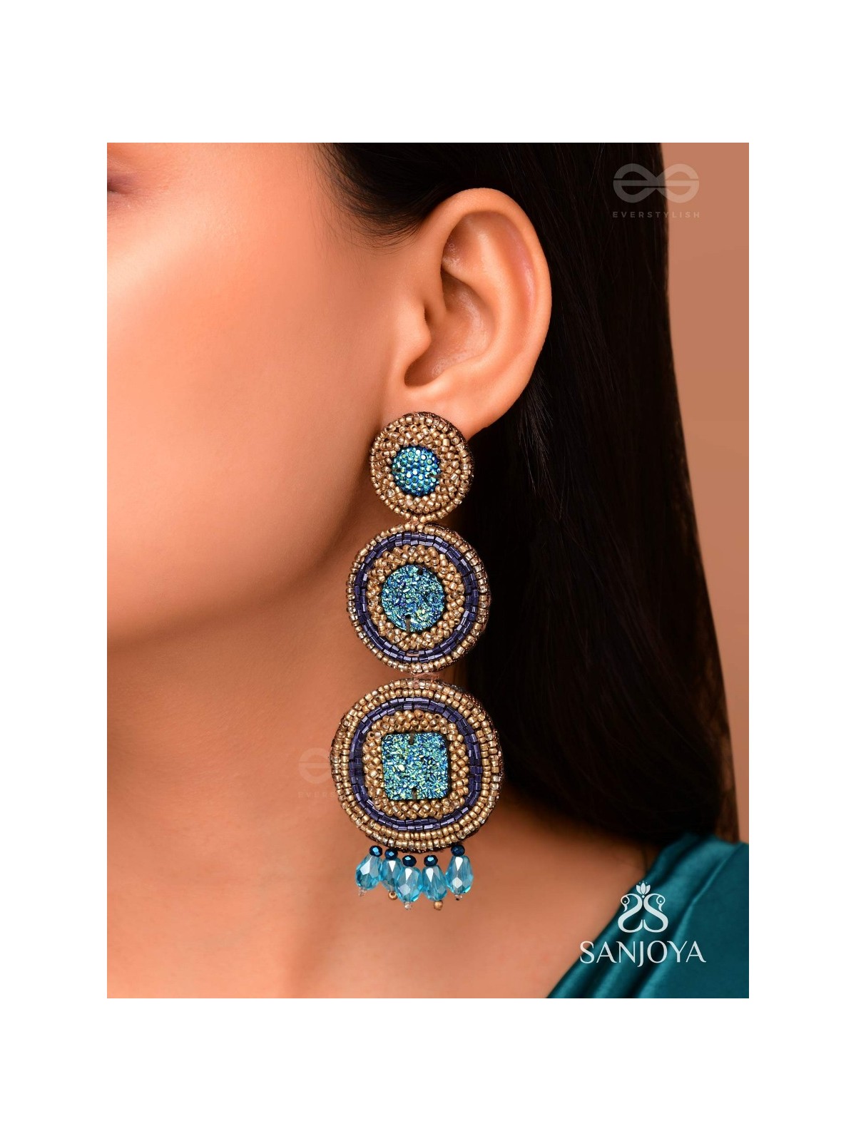 Anushna- The Blue Lotus- Glitter Stones, Glass Drops & Beads Embroidered Earrings
