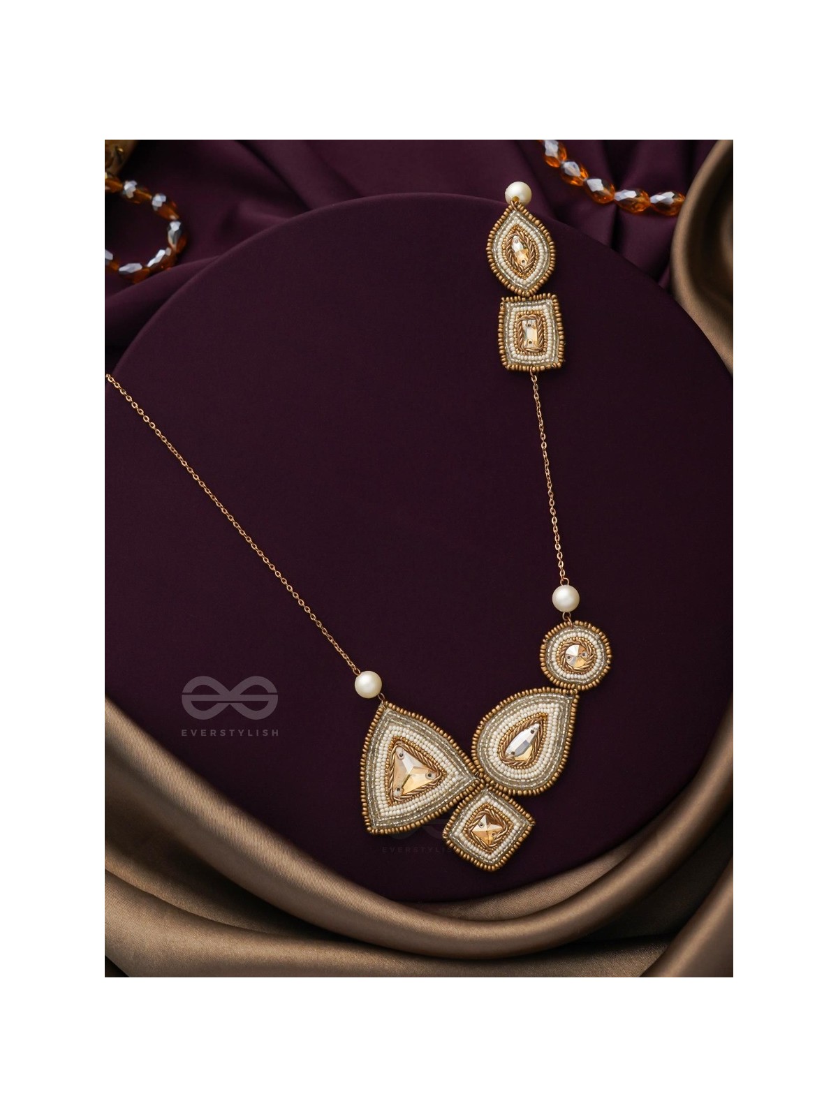 Dwista- The Copper Beauty- Beads And Stones Embroidered Necklace With Anti-Tarnish Coating 