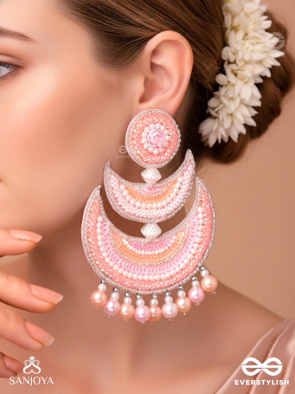 Sitasva - Dazzling Moons - Beads, Pearls And Sequins Hand Embroidered Earrings (Coral Pink)