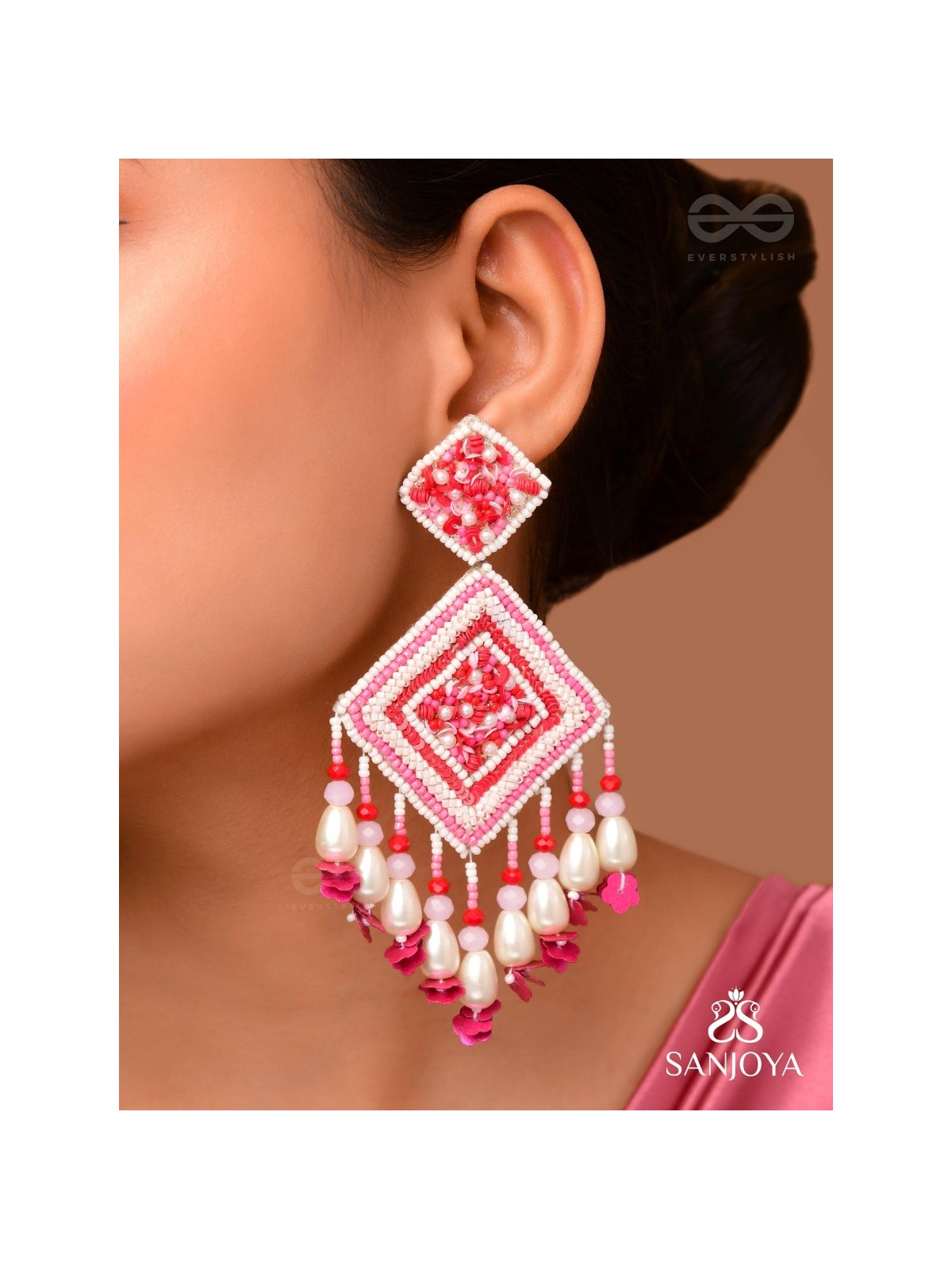 Odrakhya - The China Rose - Pearls, Beads And Sequins Hand Embroidered Earrings