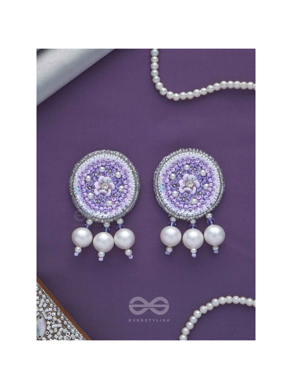 Dhumala - The Purple Smoke - Beads ,Pearls And Sequins Hand Embroidered Earrings