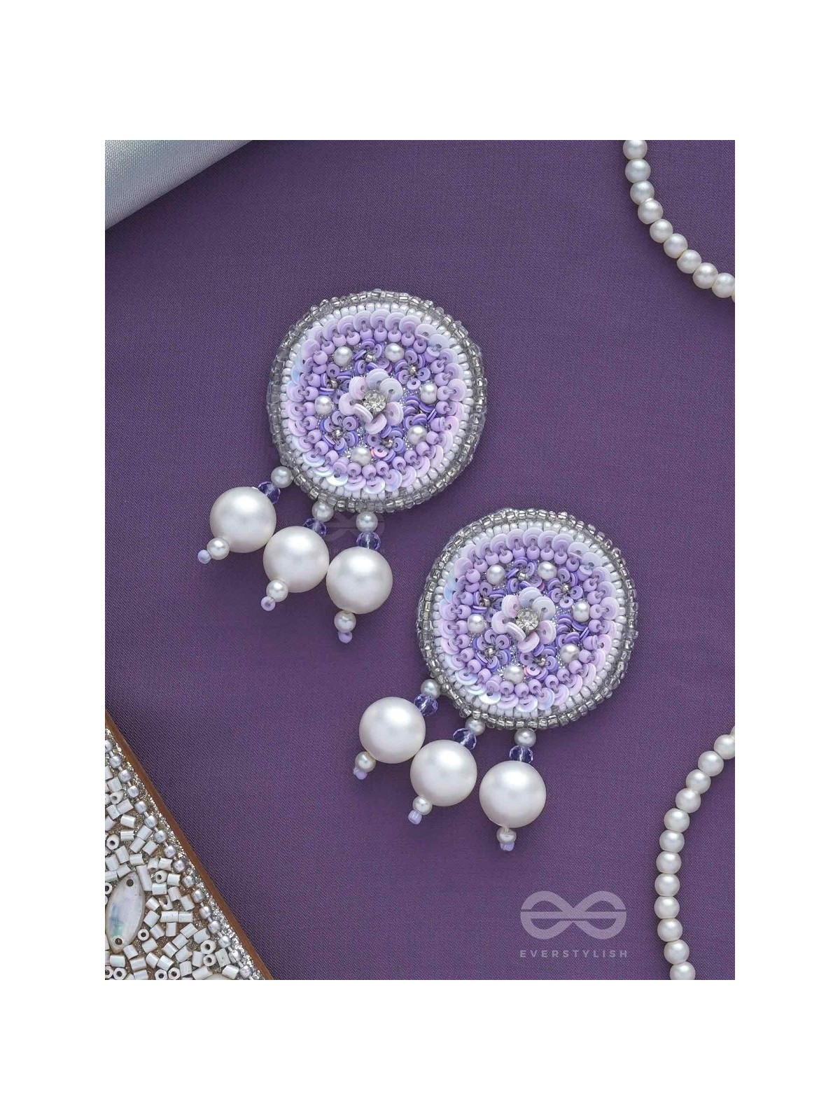 Dhumala - The Purple Smoke - Beads ,Pearls And Sequins Hand Embroidered Earrings