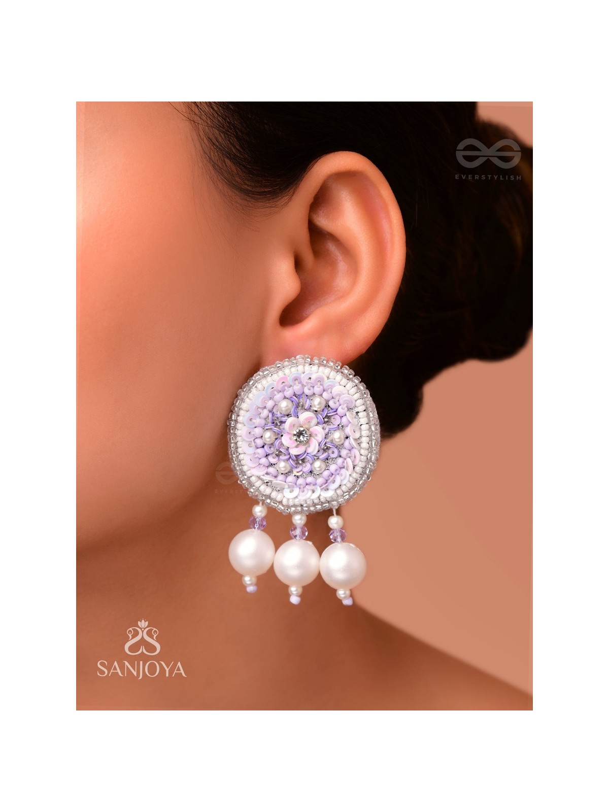 Dhumala - The Purple Smoke - Beads ,Pearls And Sequins Hand Embroidered Earrings