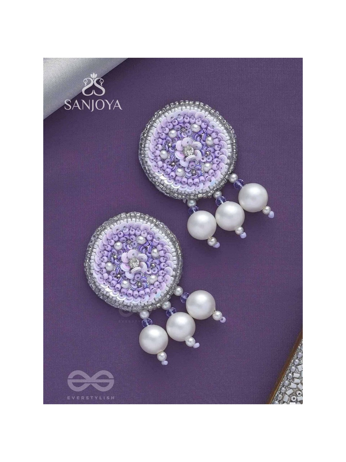 Dhumala - The Purple Smoke - Beads ,Pearls And Sequins Hand Embroidered Earrings