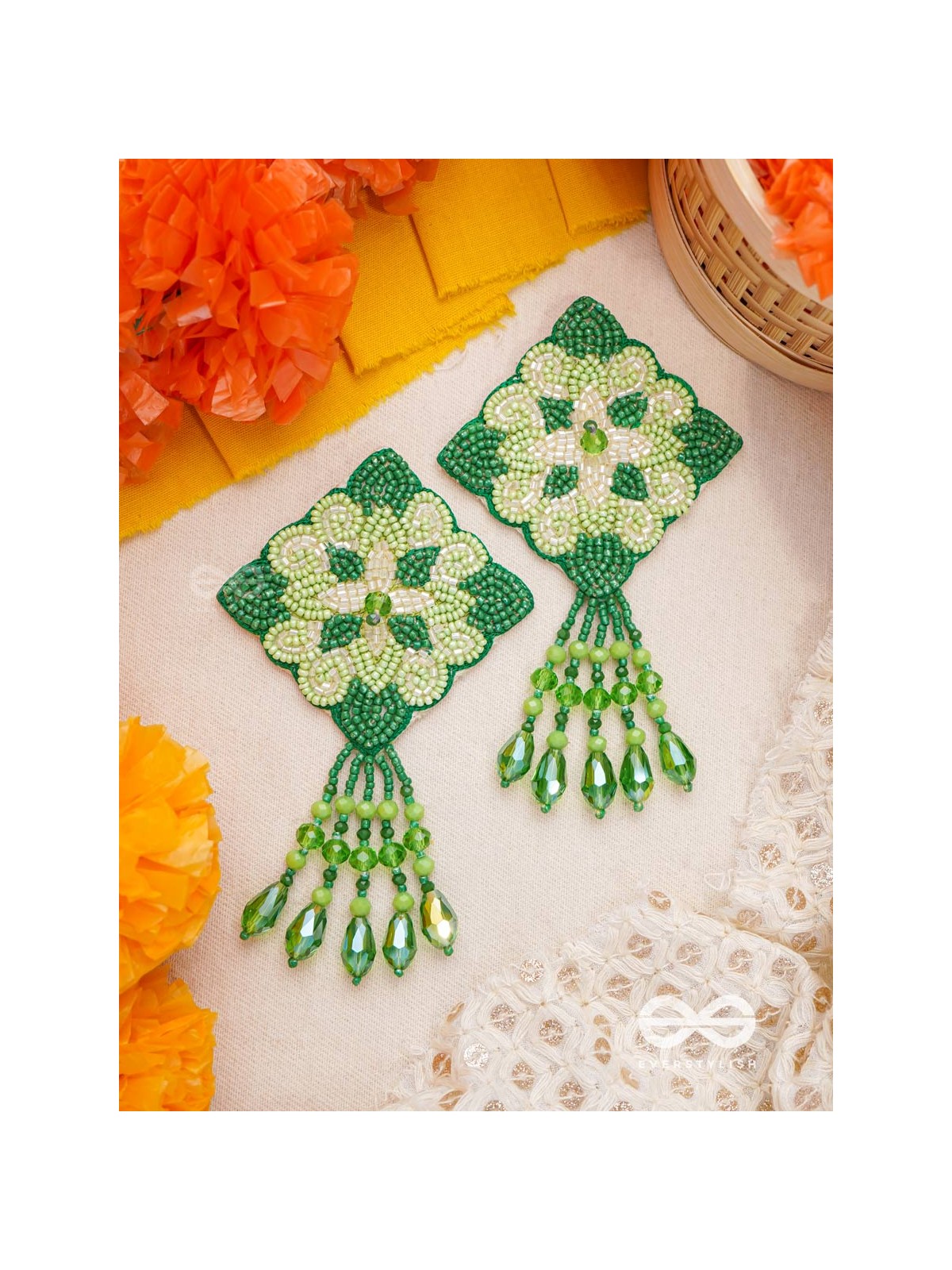Anupta- The Green Meadow- Stone and Beads Embroidered Earrings
