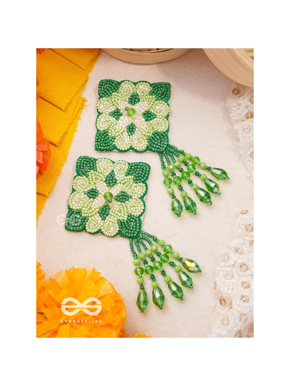 Anupta- The Green Meadow- Stone and Beads Embroidered Earrings