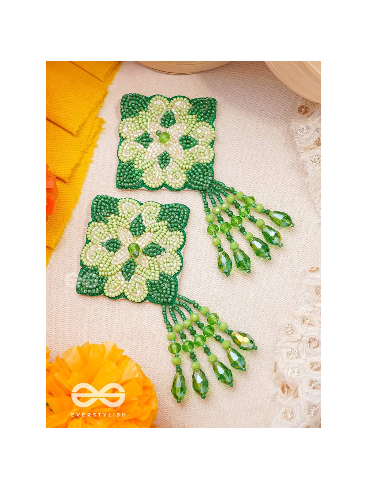 Anupta- The Green Meadow- Stone and Beads Embroidered Earrings