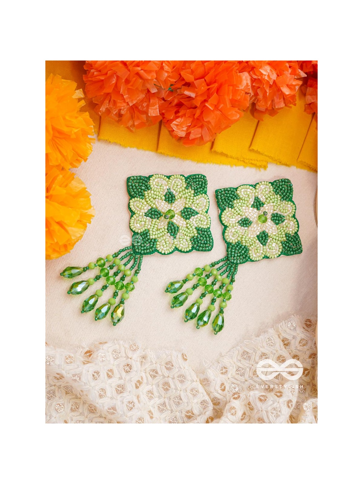 Anupta- The Green Meadow- Stone and Beads Embroidered Earrings